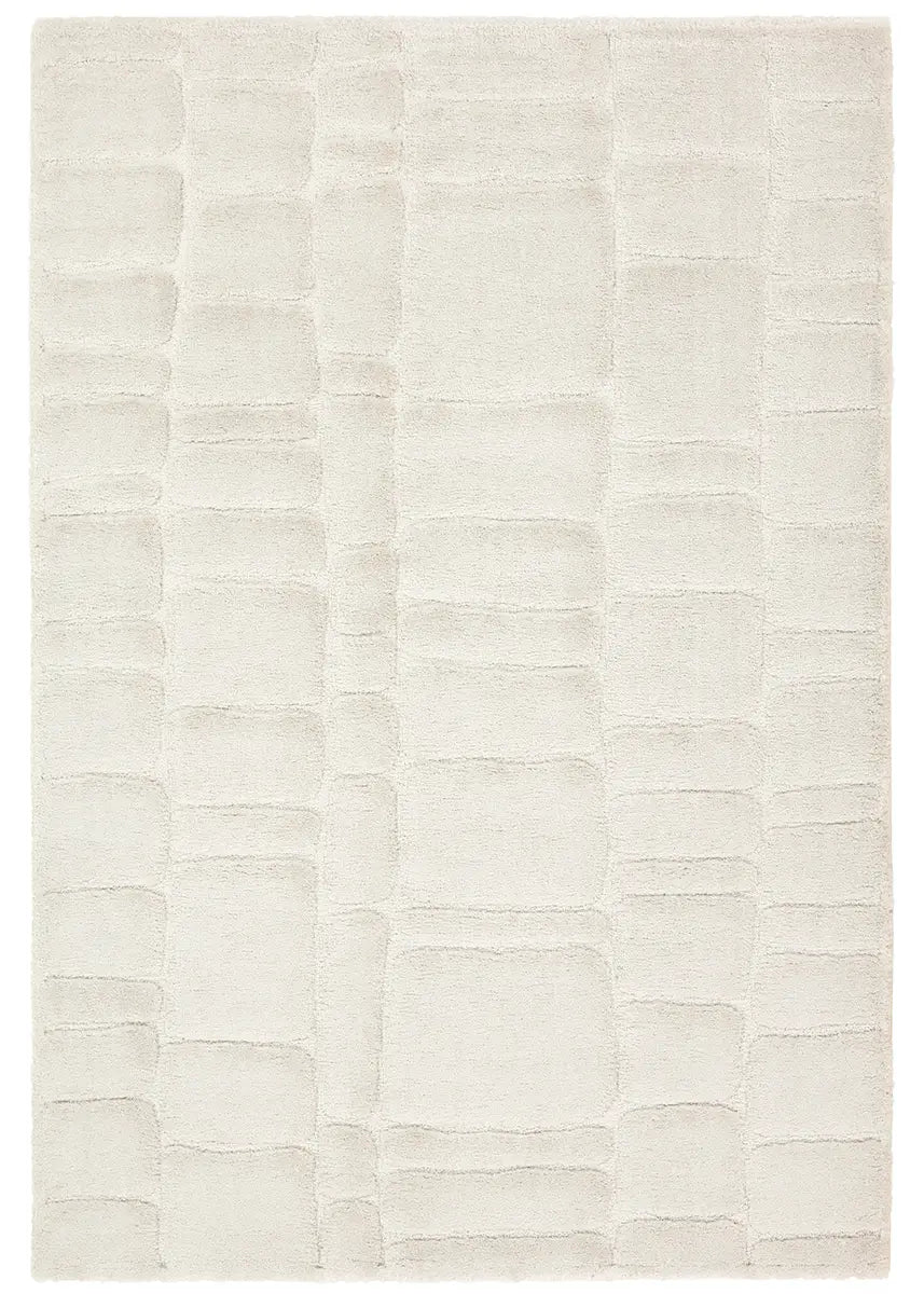 Beige area rug with a subtle pattern on a white background