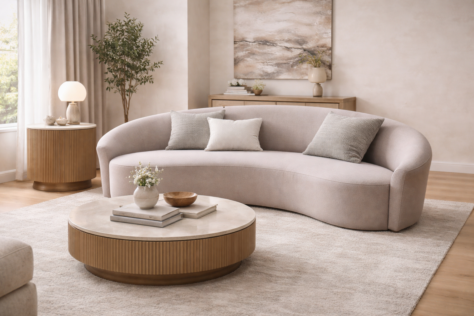 Modern living room with a beige sofa, round wooden coffee table, and decorative items.