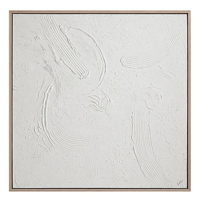Hand-painted abstract wall art with heavy texture, framed in a wood frame with a cream veneer finish.