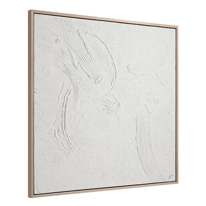 Hand-painted abstract wall art with heavy texture, framed in a wood frame with a cream veneer finish.