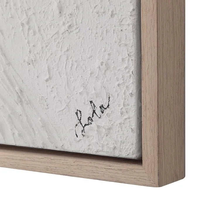 Hand-painted abstract wall art with heavy texture, framed in a wood frame with a cream veneer finish.
