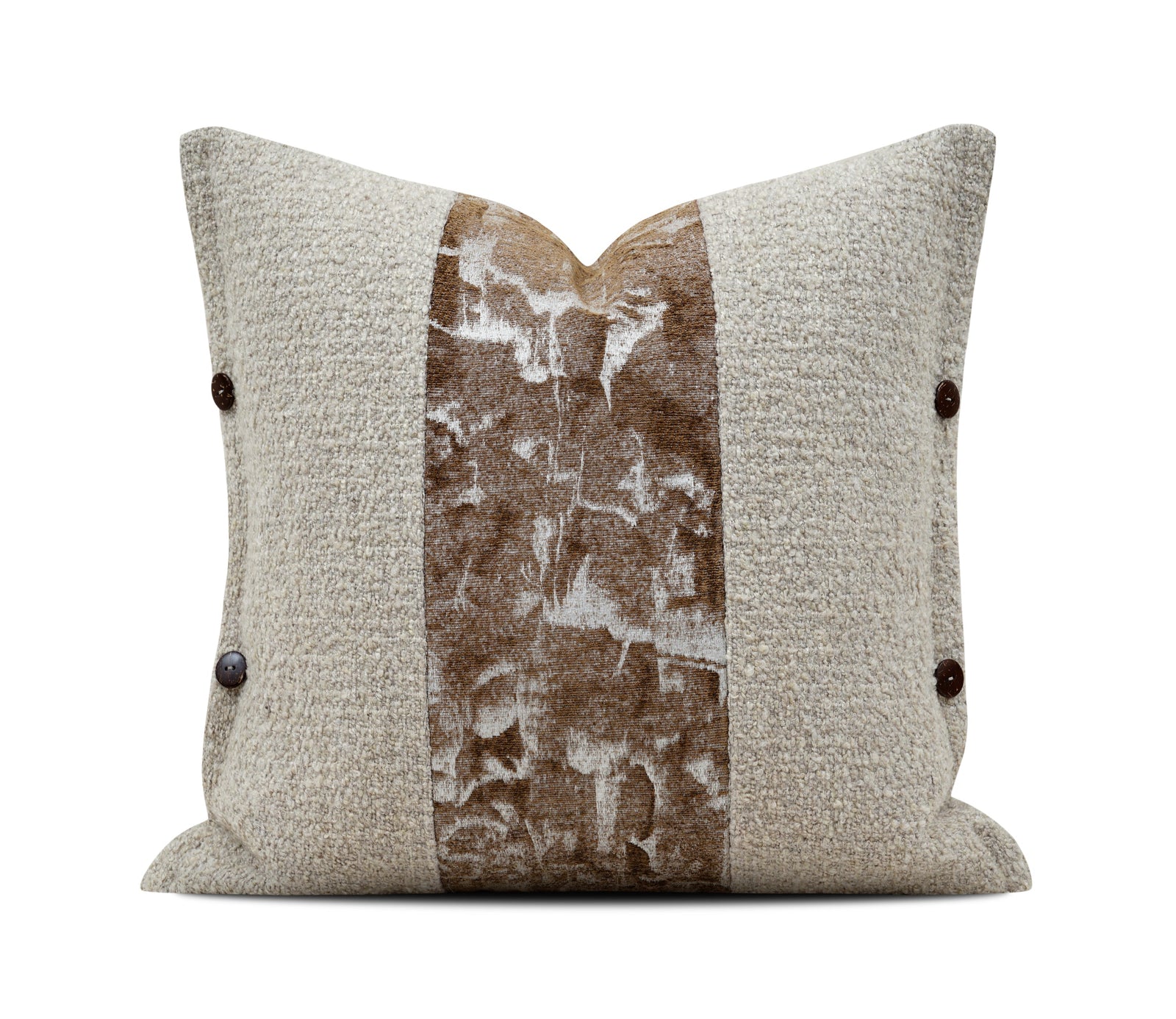 A square decorative throw pillow with a textured beige fabric body, featuring a central vertical panel of distressed brown velvet and three dark buttons on the side, shown on a white background with a YMXBY brand logo at the bottom.