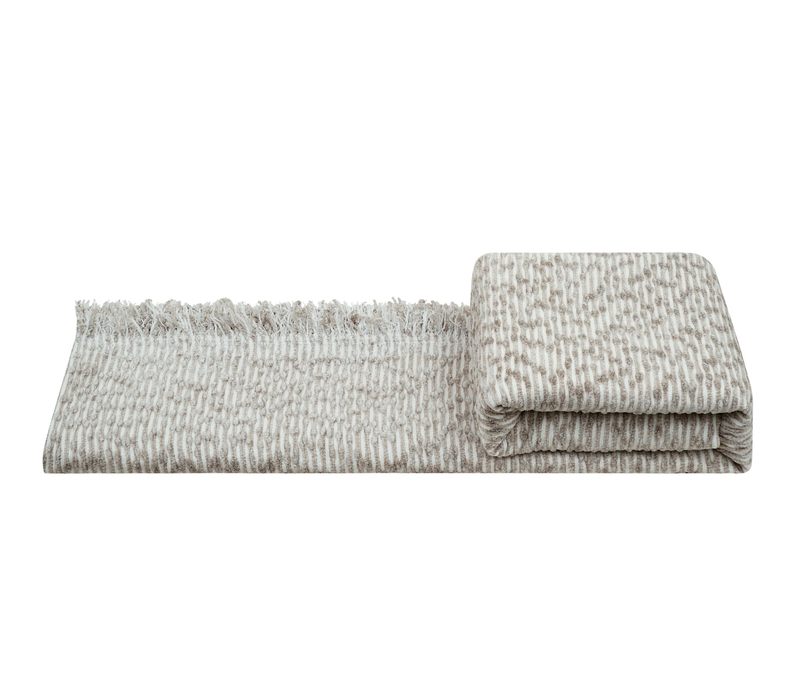A folded woven throw blanket in a light beige and white textured pattern with fringed edges, shown on a white background with a YMIBY brand logo at the bottom.