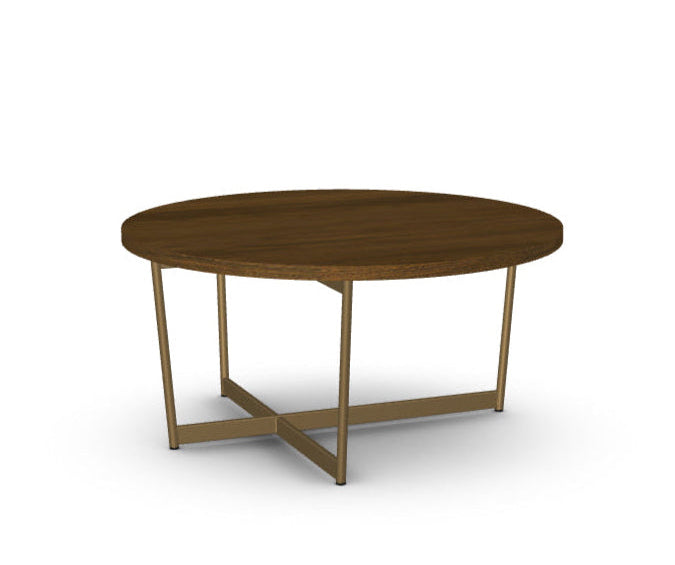 Round wooden table with metal legs on a white background