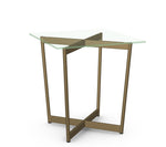 Glass table with gold metal frame on a white background