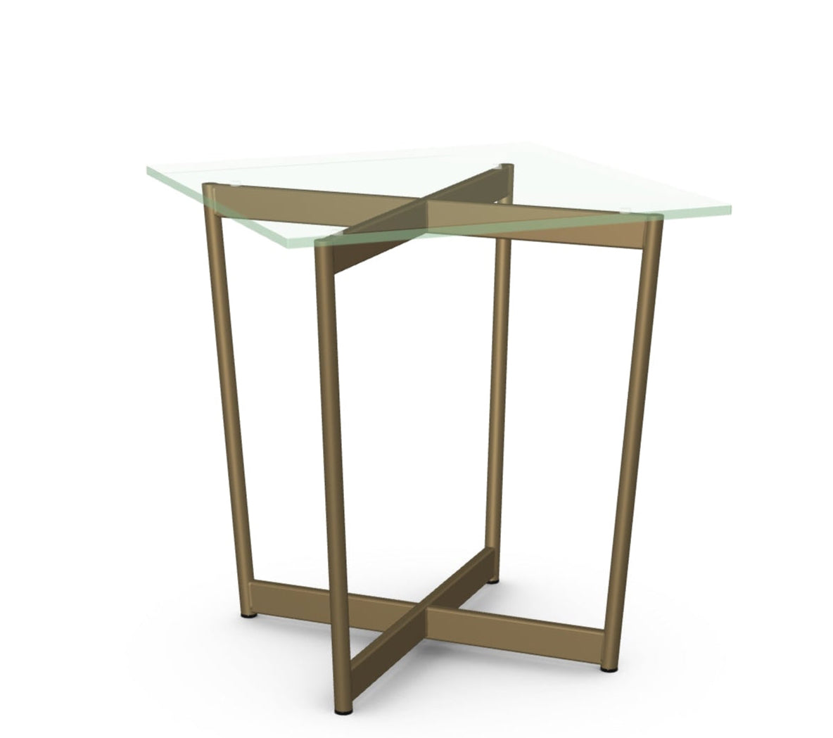 Glass table with gold metal frame on a white background