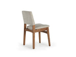 Chair with wooden frame and beige cushioned seat and backrest on a white background