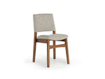 Chair with wooden frame and beige cushioned seat and backrest on a white background