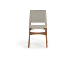 Chair with wooden frame and beige cushioned seat and backrest on a white background