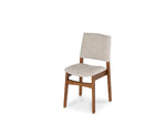 Chair with wooden frame and beige cushioned seat on a white background