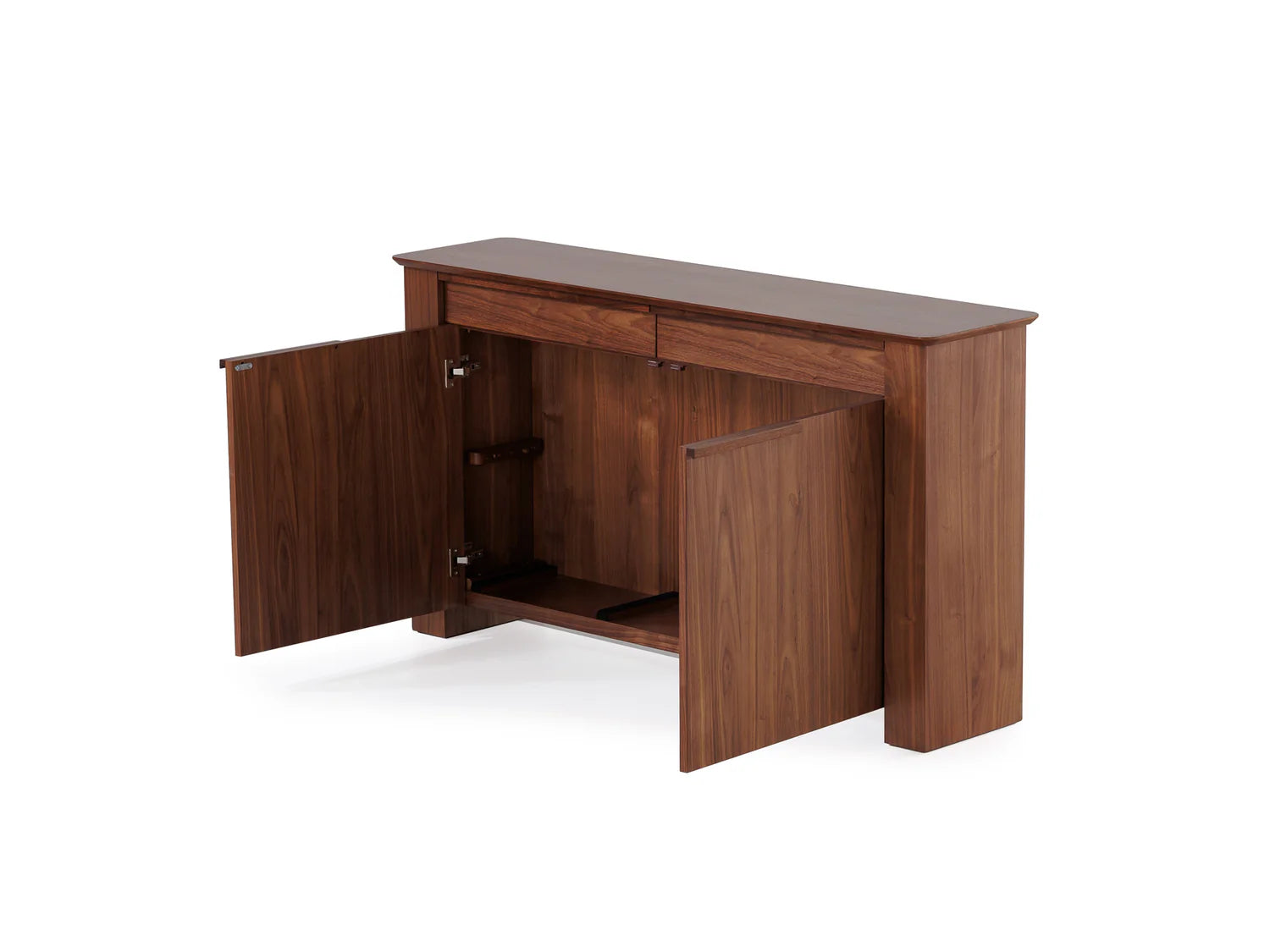 Wooden sideboard with open doors on a white background