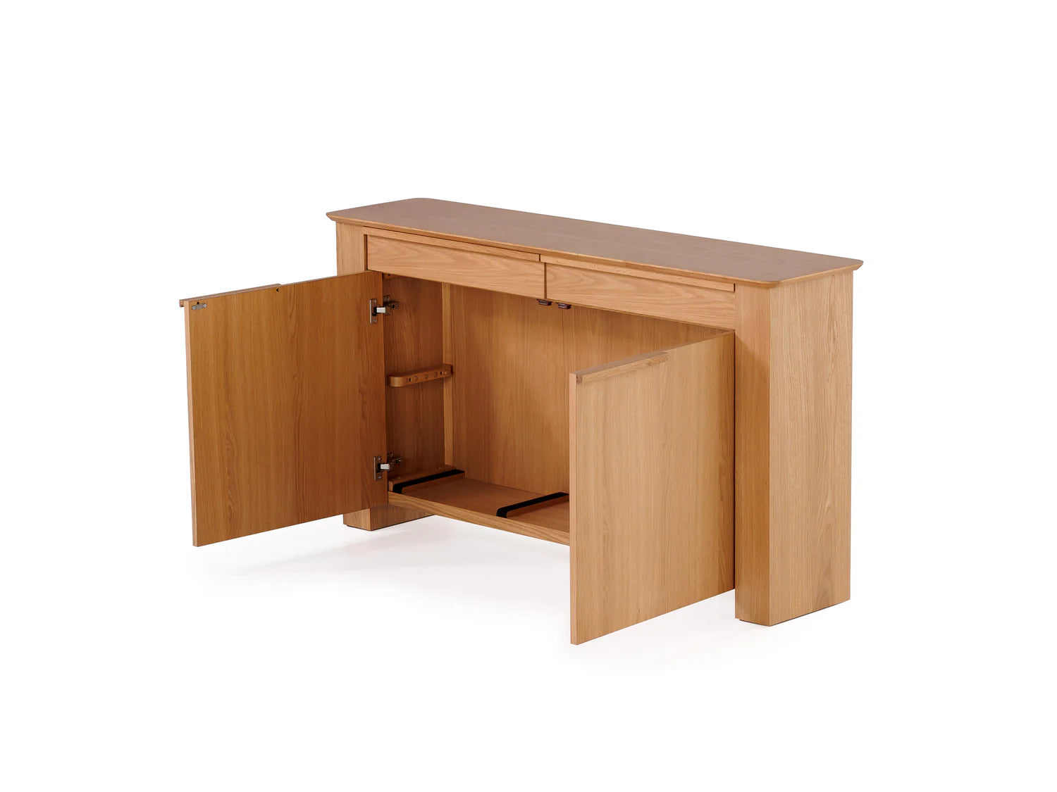 Wooden desk with open cabinet on a white background