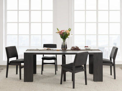 Dining table set with chairs in a modern room