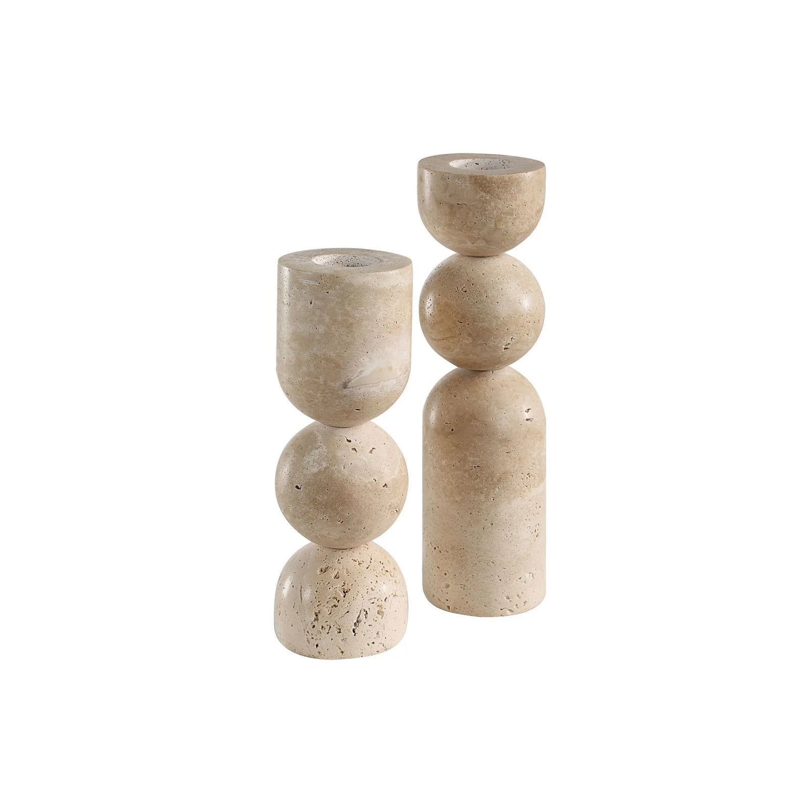 Beige stone candle holder with stacked cylindrical shapes on a white background