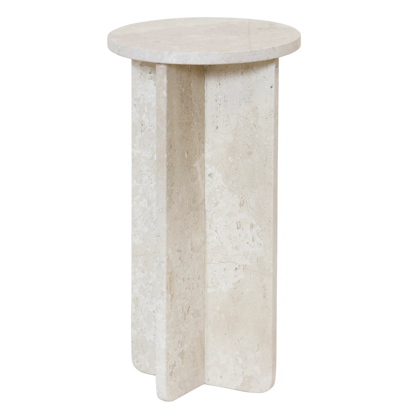 Round stone side table on a white background
