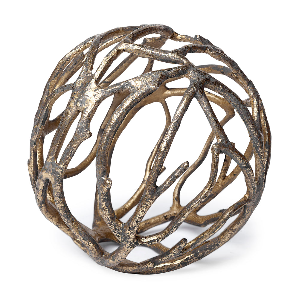 A decorative tree branch-shaped metal orb with a rustic gold tone finish.