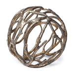 A decorative tree branch-shaped metal orb with a rustic gold tone finish.