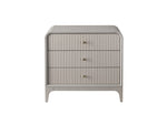A gray wooden nightstand with three drawers and metal knobs.