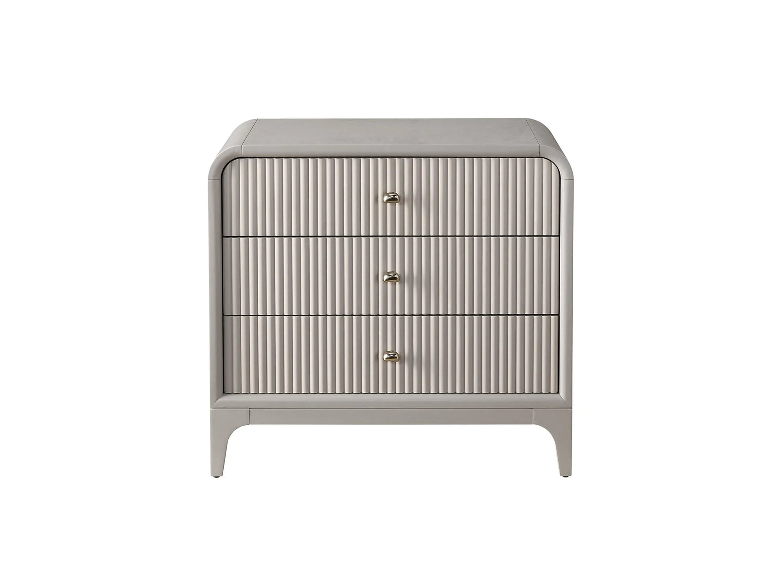 A gray wooden nightstand with three drawers and metal knobs.