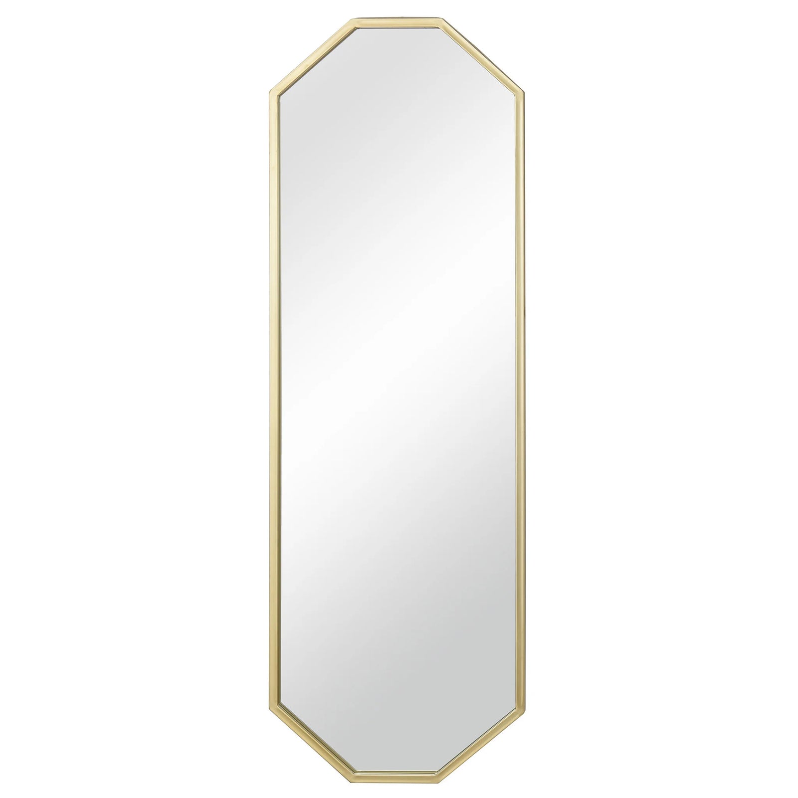 Hexagonal mirror with gold frame on a white background