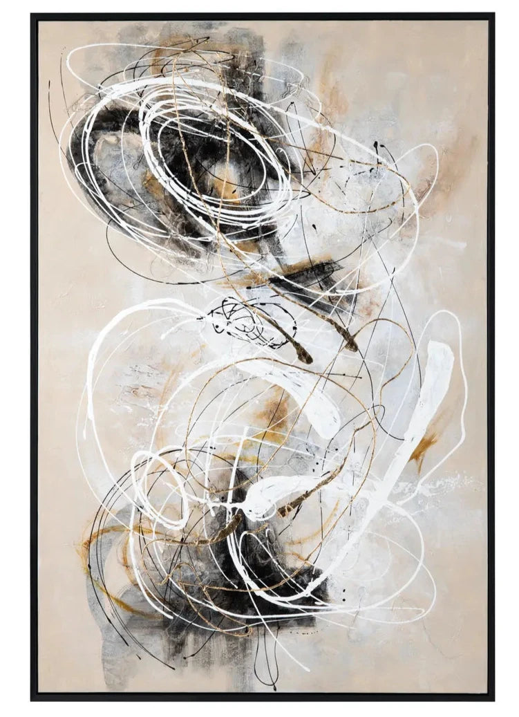 Abstract art print with swirling lines on a beige background