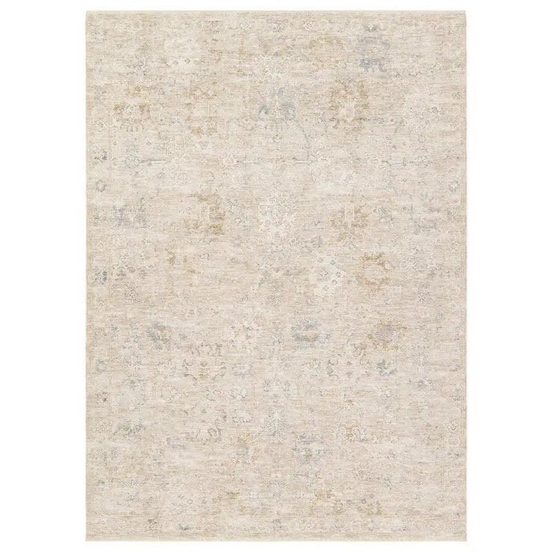 Beige area rug with subtle pattern on a white background