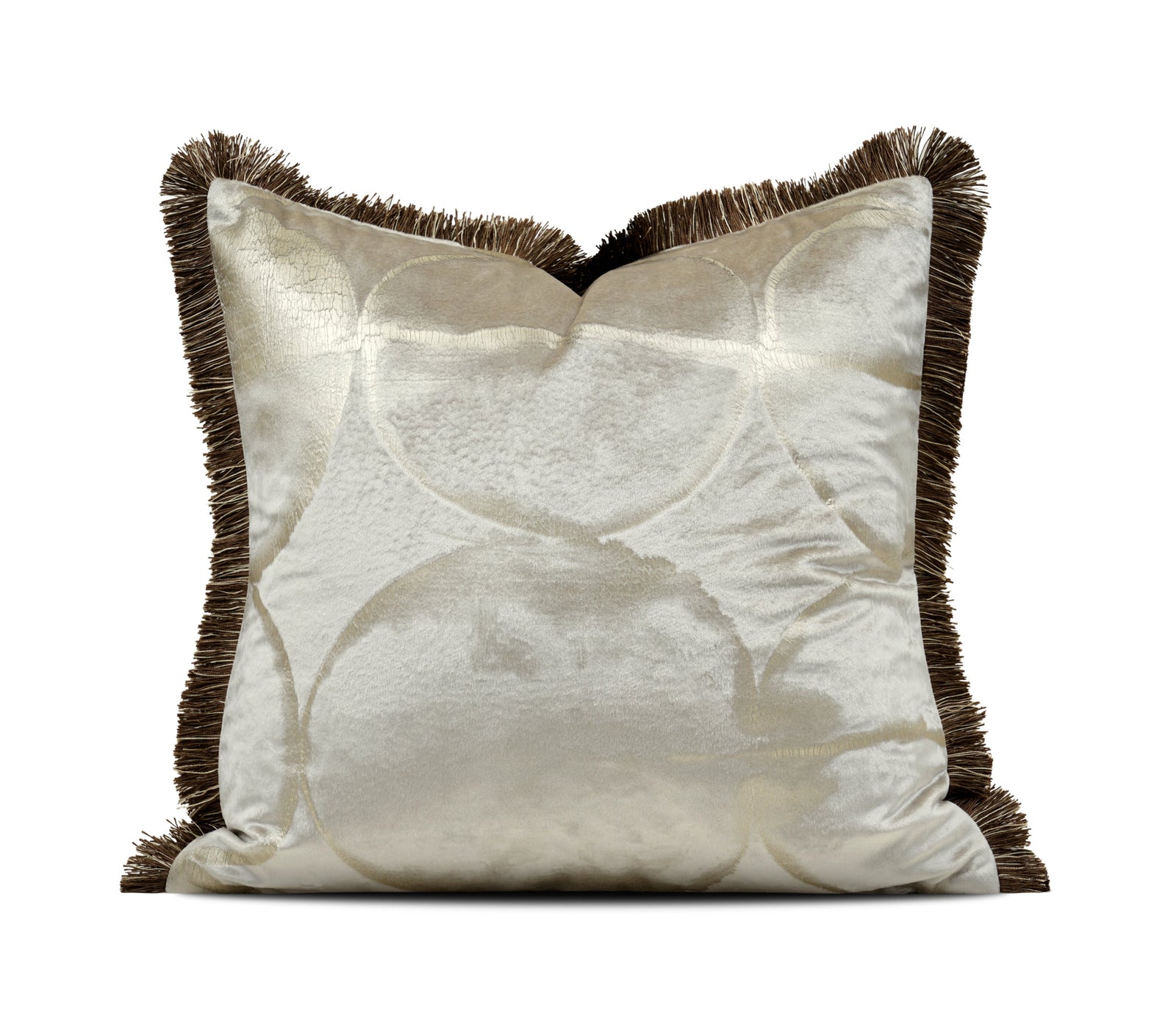 A square decorative throw pillow in cream-colored jacquard fabric with a subtle circular pattern and dark brown fringe trim, shown on a white background with a brand watermark at the bottom.
