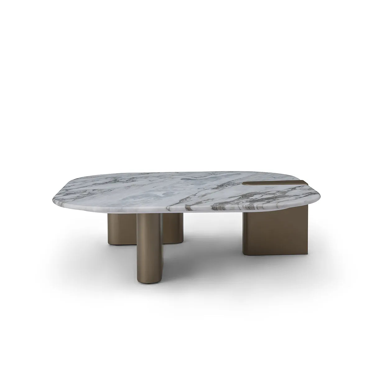 Marble coffee table with bronze legs on a white background