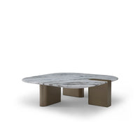 Modern coffee table with marble top and bronze base on a white background