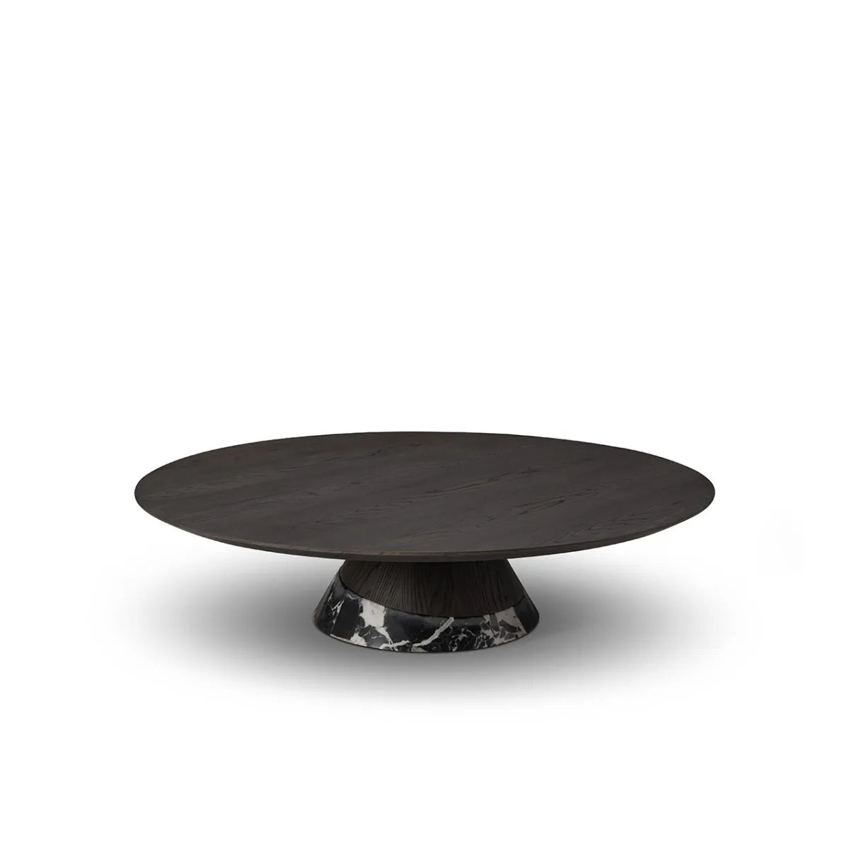 Round dark wooden table with a marble base on a white background
