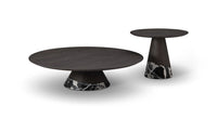 Two dark wood tables with marble bases on a white background