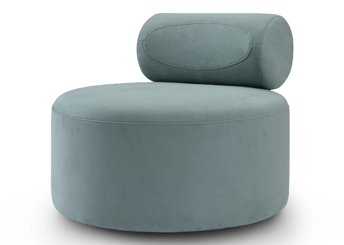Modern light blue chair with cylindrical design on a white background