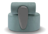 Modern chair with a light blue seat and backrest and a gray armrest on a white background
