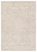 Beige area rug with subtle pattern on a plain background