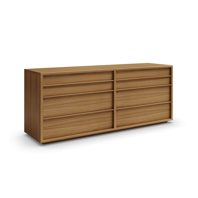 A brown wooden dresser with six drawers, the furniture is set against a plain background.