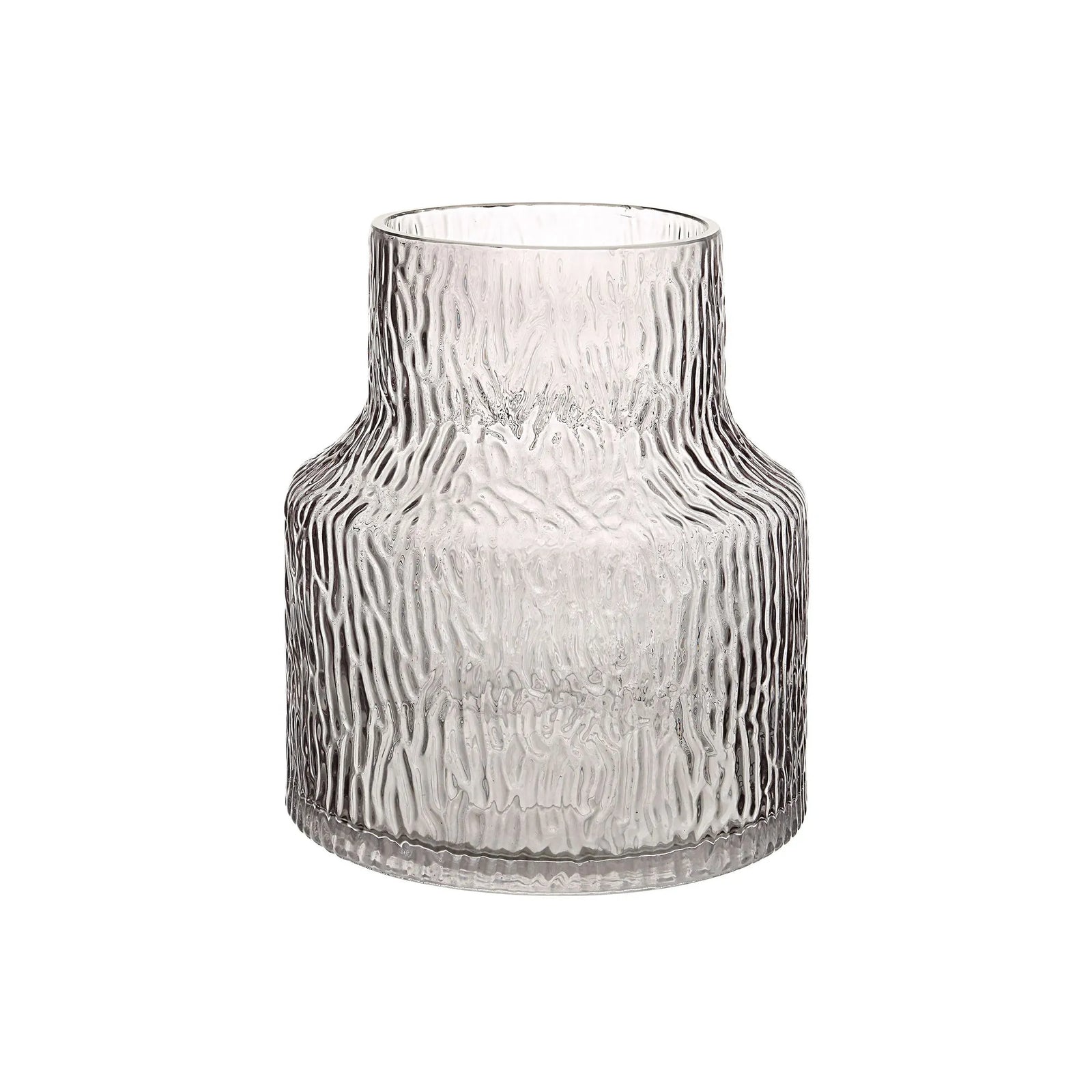 Clear glass vase with textured surface on a white background