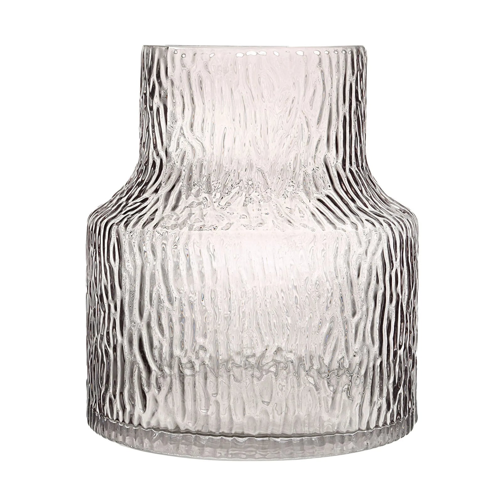 Clear glass vase with textured surface on a white background
