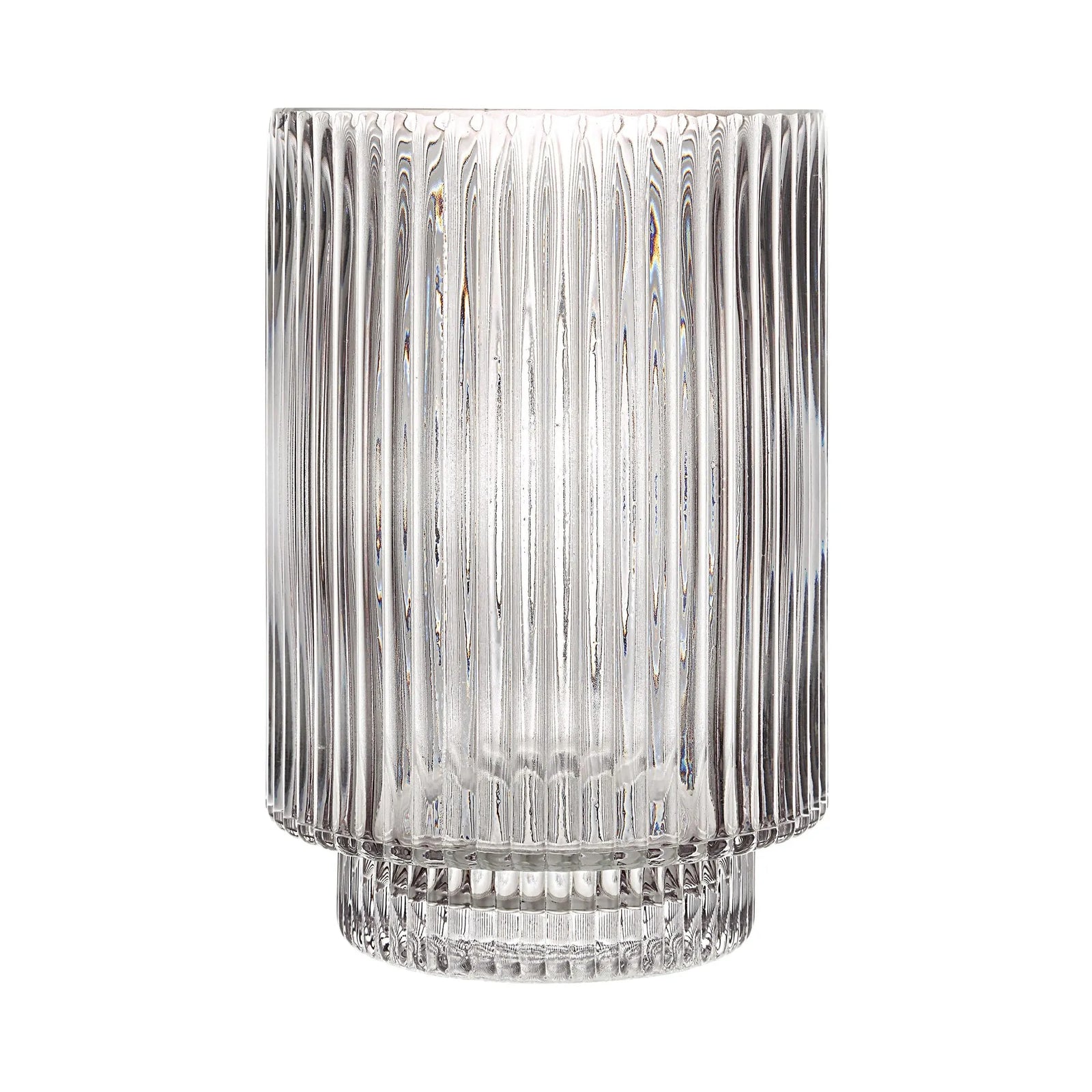 Clear glass vase with ribbed design on a white background