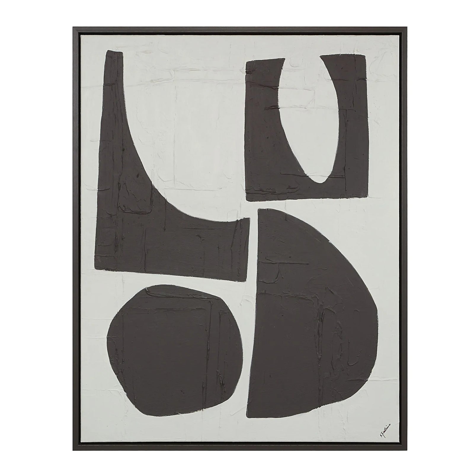 A black and white abstract wall art piece with geometric elements, framed in a black frame.