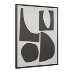A black and white abstract wall art piece with geometric elements, framed in a black frame.