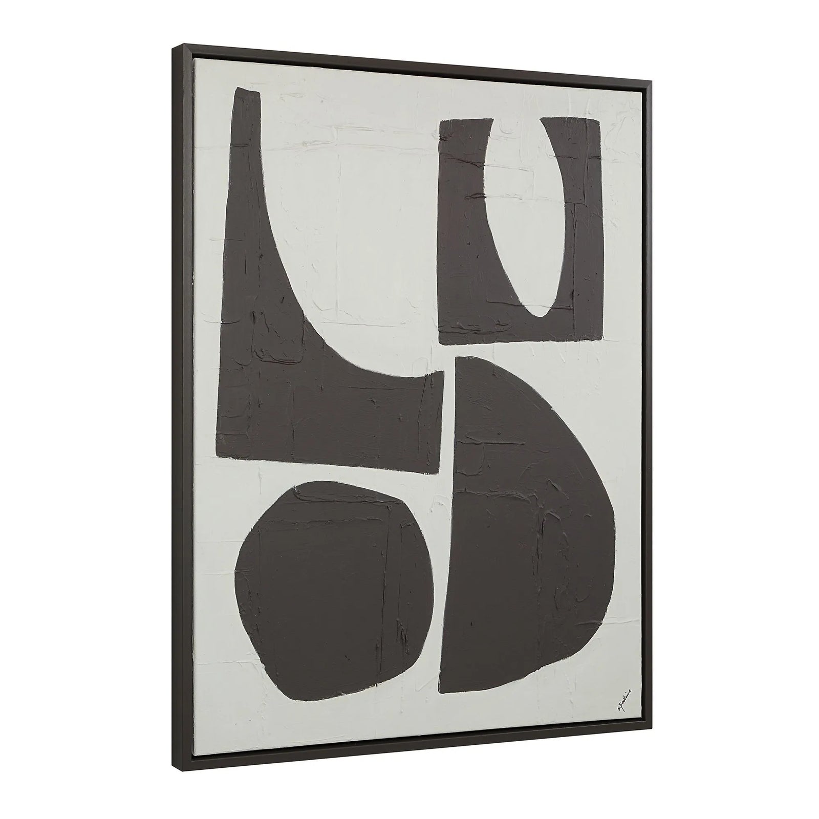 A black and white abstract wall art piece with geometric elements, framed in a black frame.