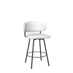 A white upholstered counter stool with a full back and seat, featuring a black metal frame and legs.