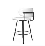 A white upholstered counter stool with a full back and seat, featuring a black metal frame and legs.