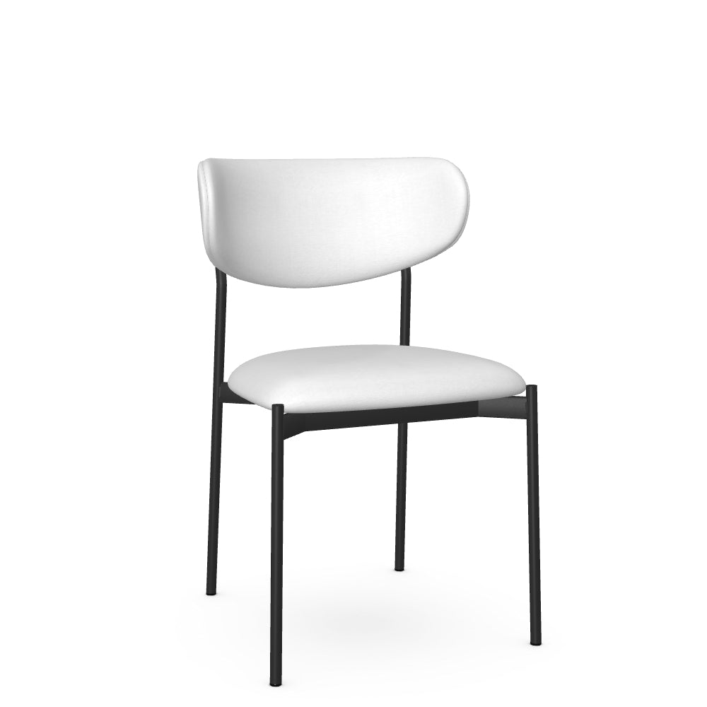 A white dining chair with a full backrest and seat, featuring a black metal frame.