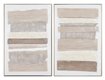 Two framed abstract paintings with horizontal brush strokes in beige, brown, and white tones.