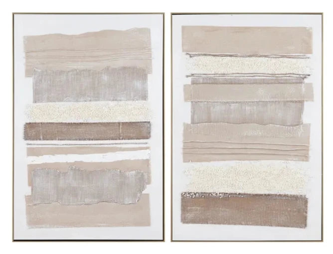 Two framed abstract paintings with horizontal brush strokes in beige, brown, and white tones.