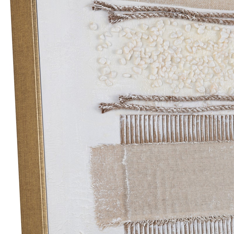 Two framed abstract paintings with horizontal brush strokes in beige, brown, and white tones.
