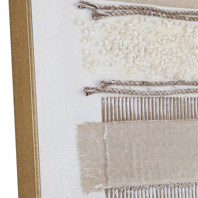 Two framed abstract paintings with horizontal brush strokes in beige, brown, and white tones.