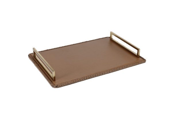A leather tray with gold finished handle