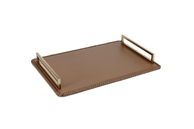 A leather tray with gold finished handle